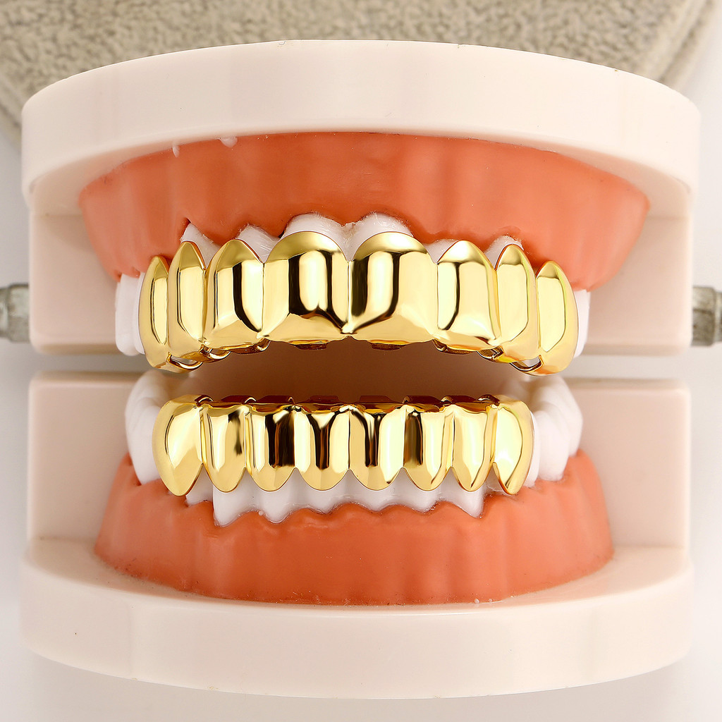 Elektroplating emas asli mengkilap besar menebal kawat gigi cermin gigi emas delapan gigi, kawat gig