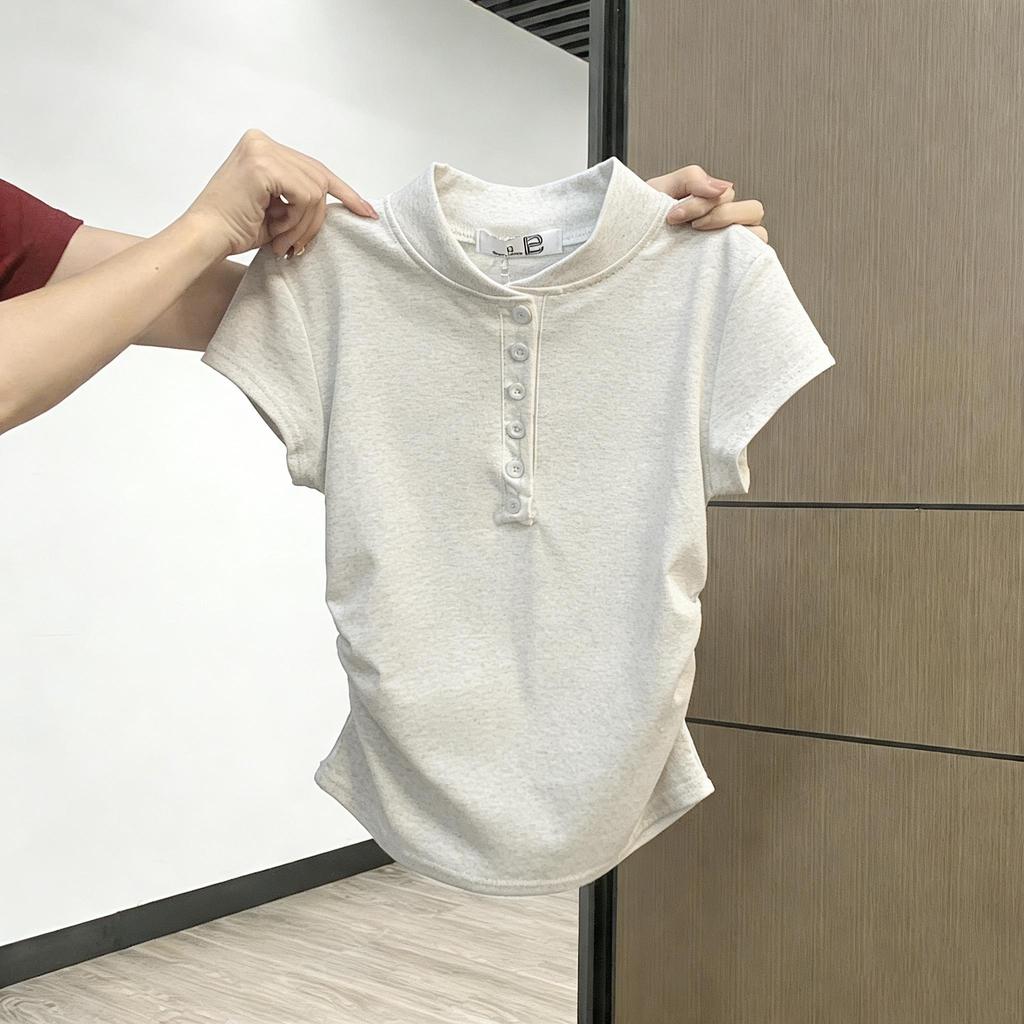Baju kaos berkerah setengah terbuka chic abu-abu/atasan wanita lengan pendek