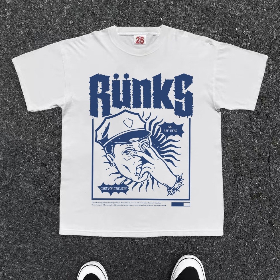Kaos Pria Lengan Pendek Oversize Katun Premium Desain Komik Retro "Rünks" Slogan "Care For The Eyes"