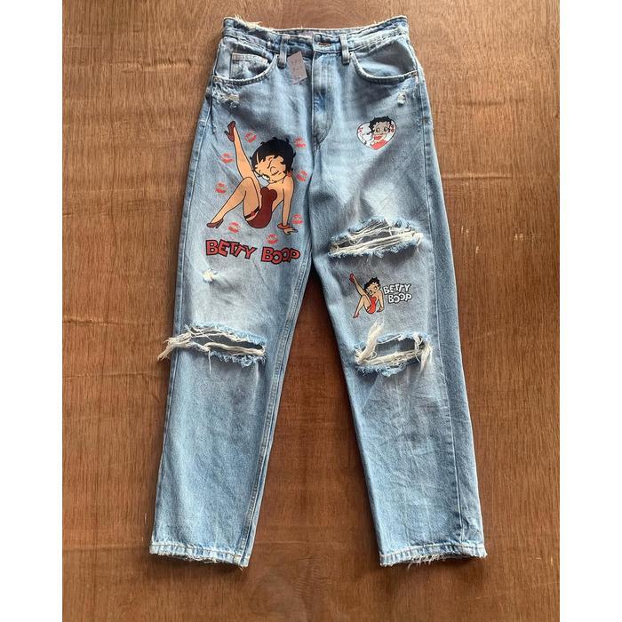 Y2k Z4R4 Jeans ,Model Baggy Ripped Betty Boop, Jeans Skena, Jeans Vintage, Jeans Keren