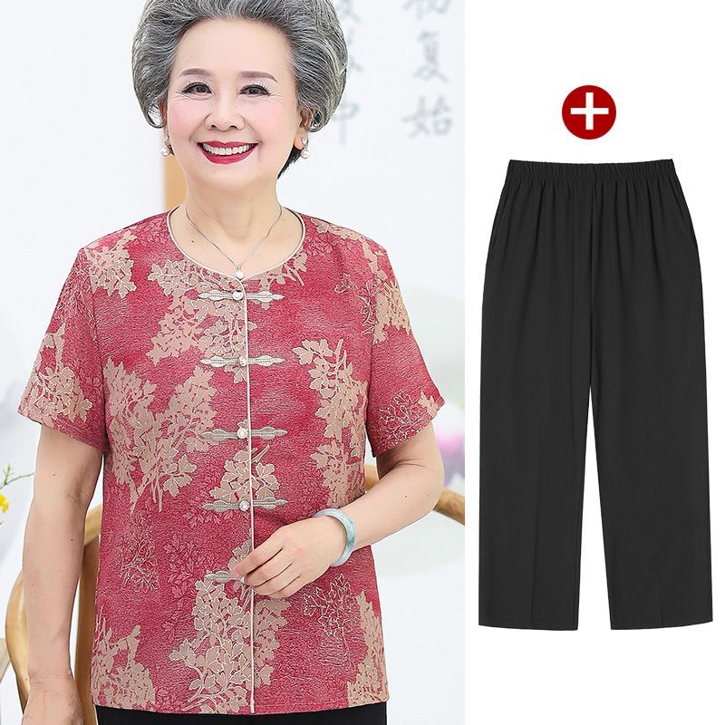 Pakaian Lansia Wanita Setelan Musim Panas Kaus Pendek Usia 60-70 Tahun Baju Nenek Dua Potong