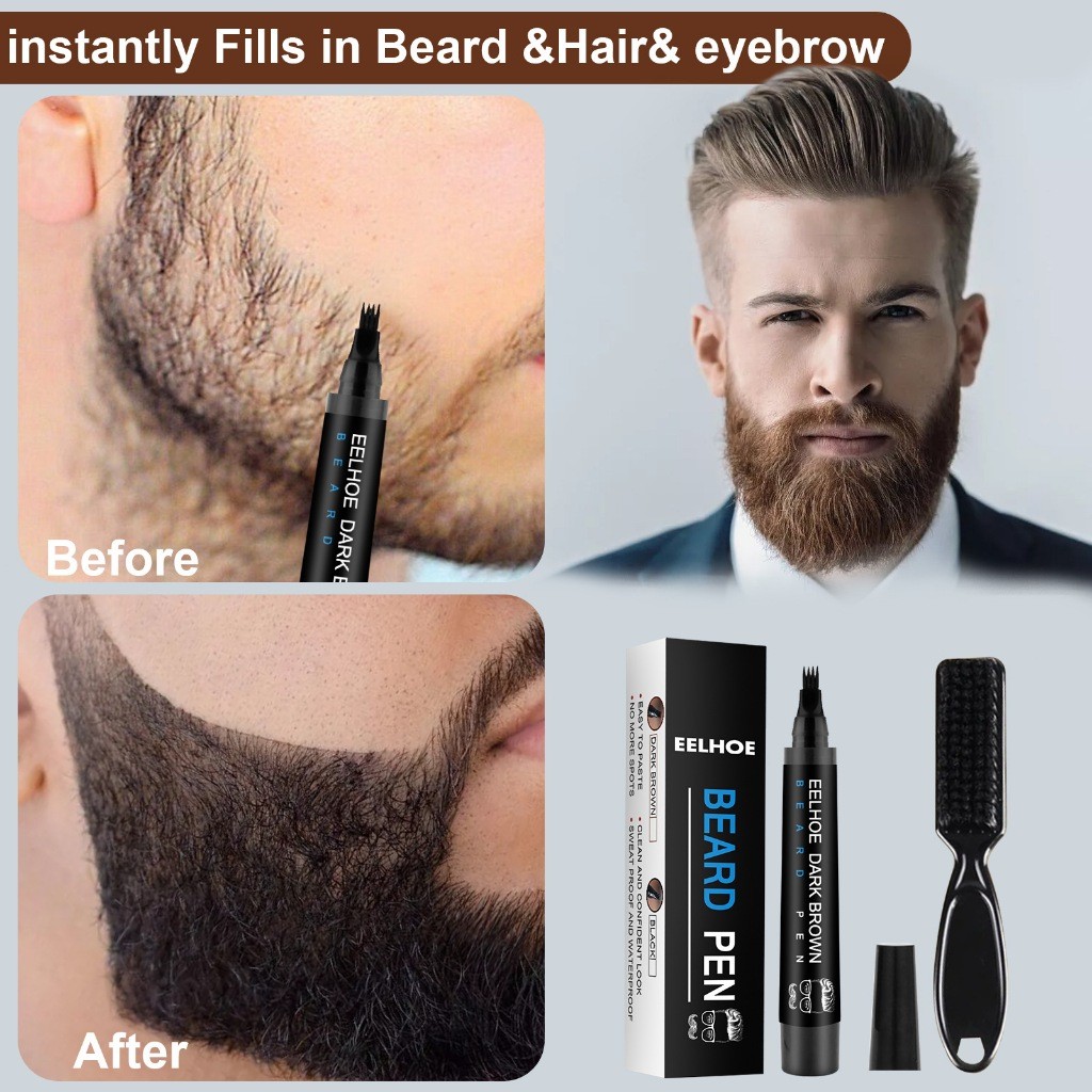 EELHOE Beard Pen Beard Filling Pen Kit Dengan Kuas Pena Pengisi Jenggot Penambah Jenggot Tahan Lama 