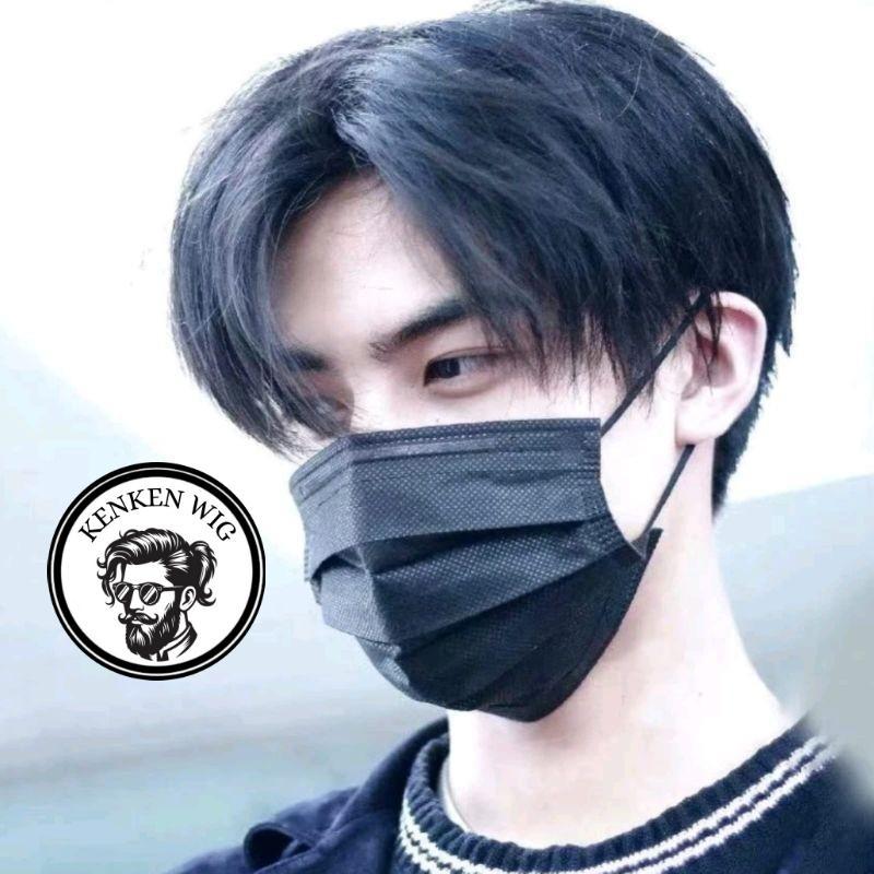 WIG PRIA KOREA RAMBUT PENDEK BELAHAN TENGAH WARNA HITAM ALAMI RAMBUT PALSU PRIA BELAHAN TENGAH