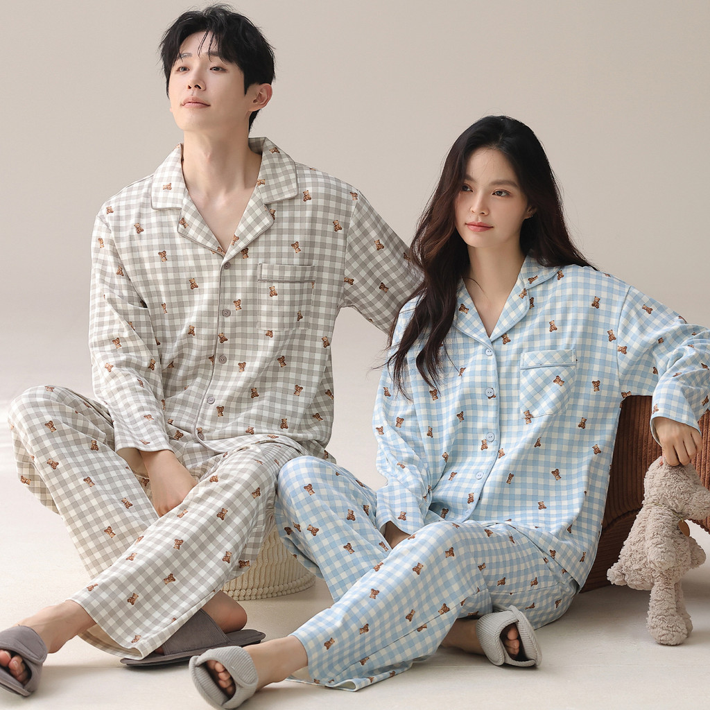 100% katun piyama couple Model terbaru Gaya Korea Lucu kemeja polo Ukuran besar Full katun Set baju 
