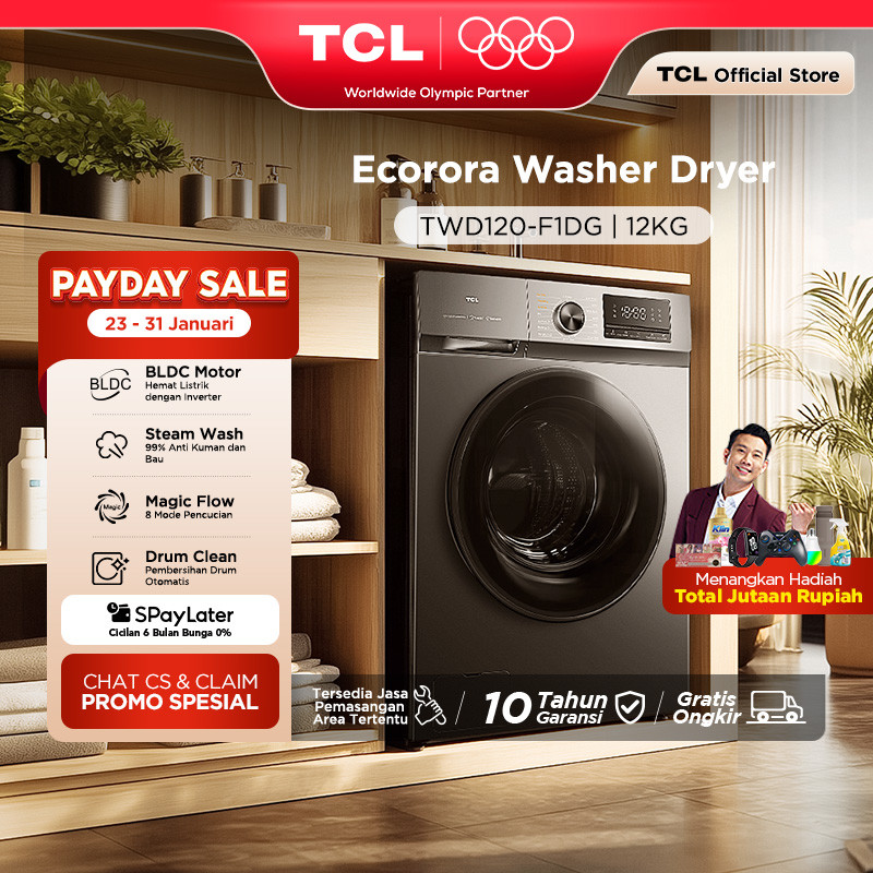 TCL Mesin Cuci Front Loading Washer Dryer 12kg C1 Series - 100% Kering - Steam Wash - BLDC Motor - K