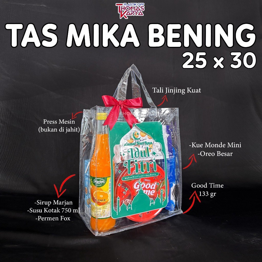 Tas Mika Motif Idul Fitri Parcel Lebaran Transparan Hampers Sembako PVC Bening Ulang Tahun Anak EID