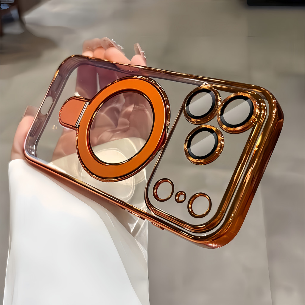 New Casing HP Kosmik Orange Magnetic Lipat Bracket iPhone 13 14 15 16 17 Pro Max Transparan Plating 