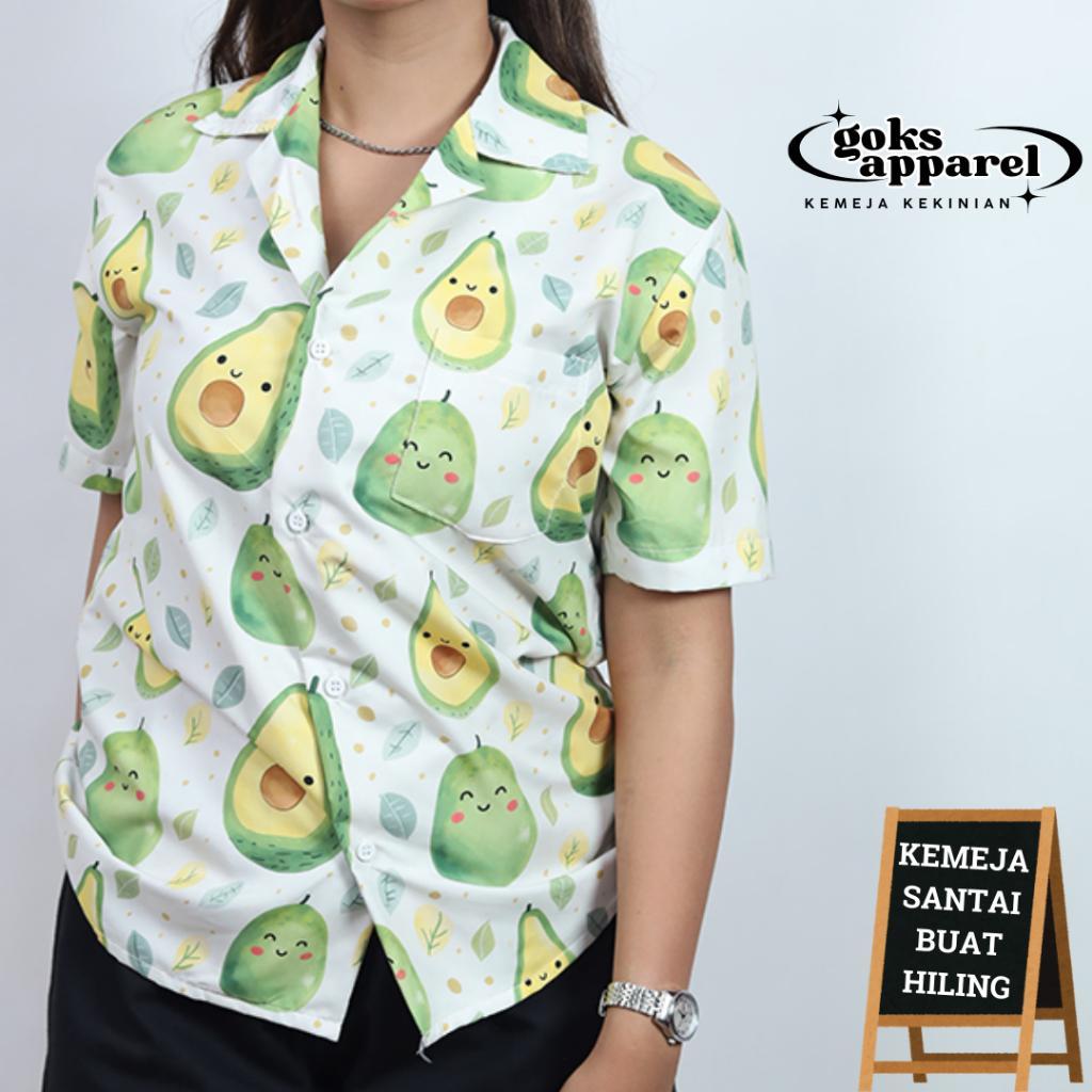 GOKS Baju Kemeja Kekinian Hem Motif Pria Wanita Trend Distro Jumbo Motif Terbaru ALPUKAT HAPPY 178