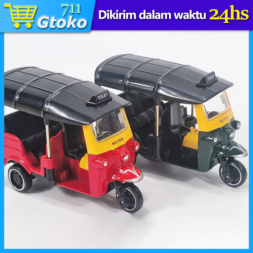 Diecast Motor Roda Tiga Simulasi Taxi Thailand 1:43 Miniatur Motor Mainan Kado Anak