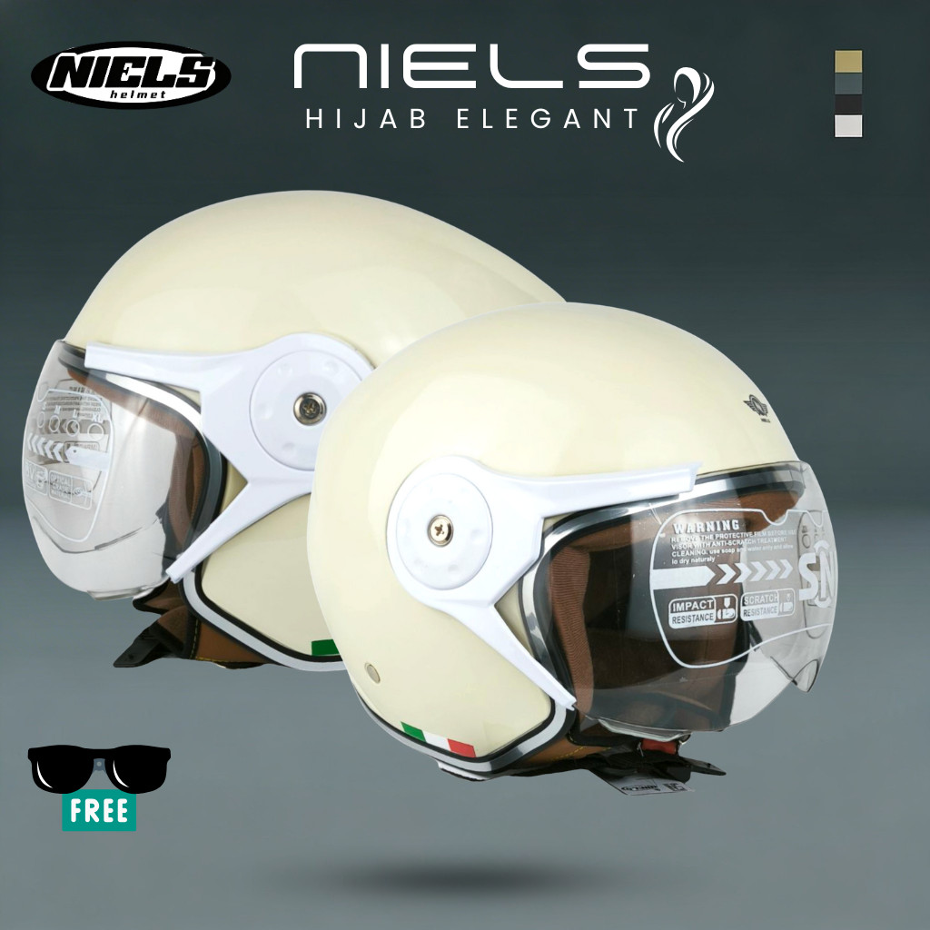 Helm Niels Hijab Elegant Cream Glossy Original SNI - Helm Bogo Wanita Kaca Pilot Hijab Friendly