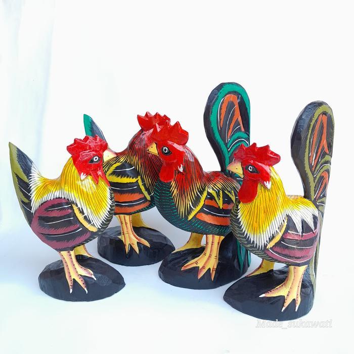 Patung sepasang ayam jantan betina Berdiri kerajinan ukiran kayu lukis - Lukis random, L besar