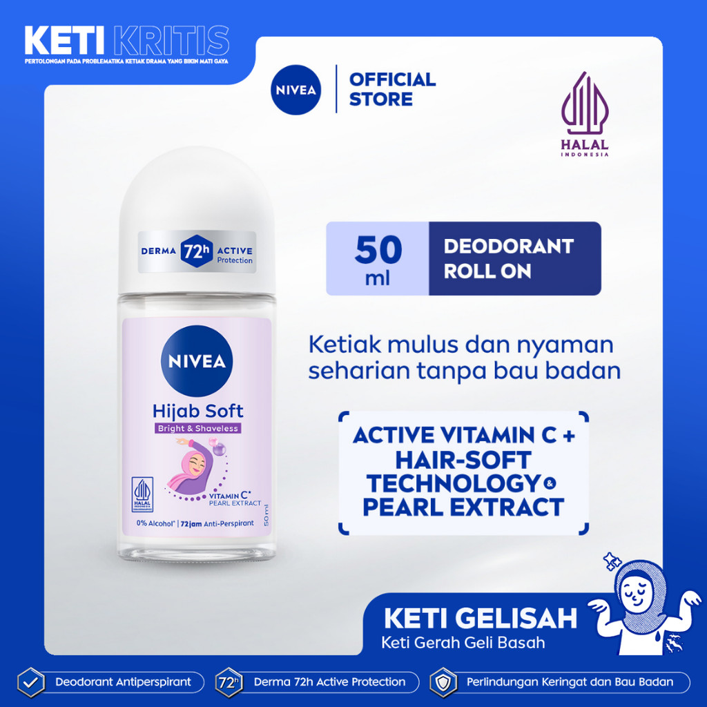 NIVEA Deodorant Roll On Brightening Hijab Soft 50ml - Deodoran wanita hijab halal mencerahkan bright