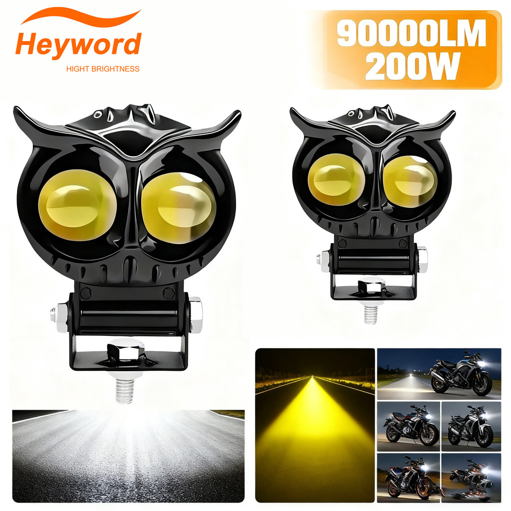 Heyword 1PC Dual Color Motorcycle Headlight Owl Design 4 Modes Auxiliary Spotlights Motorbike Scoote