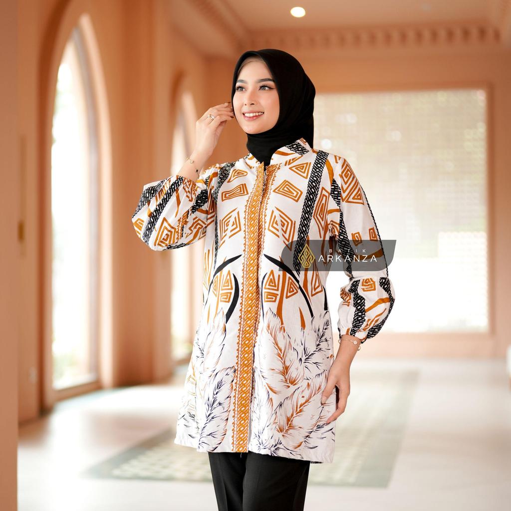 BATIK ARKANZA Baju Tunik Motif Handaru Putih Wanita Premium Katun