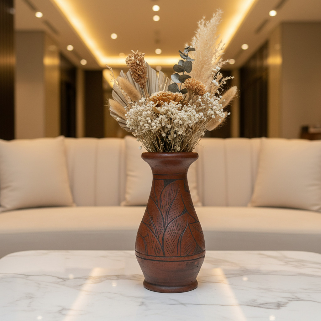 Vas Bunga Rustic Model Guci Tanah Liat Ukir Daun Tinggi 28 cm Gerabah Handmade Dekorasi Vintage Klas