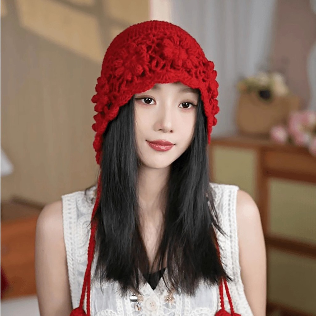 [Saror]Topi rajut wanita, topi wol merah baru yang melindungi telinga.