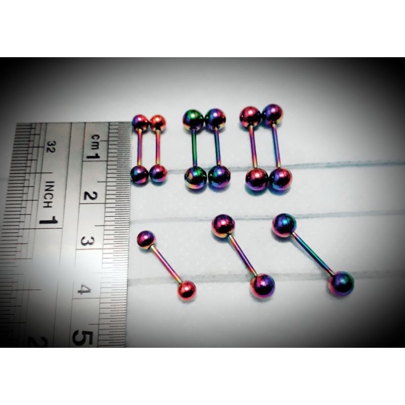 2 Pcs/1 Pasang Anting Piercing Lidah Tusuk Tindik Barbel Pelangi Polos Titanium Pria & Wanita