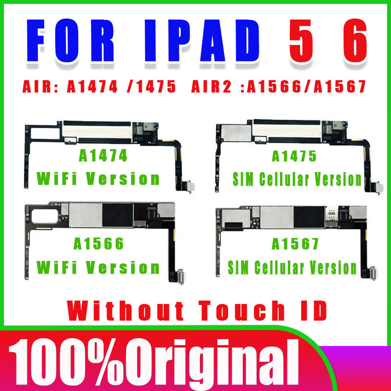Free iCloud Logic Board For iPad 5 6 Air 1 2 Motherboard A1566 A1474 A1475 WIFI & WIFI Cellular Main