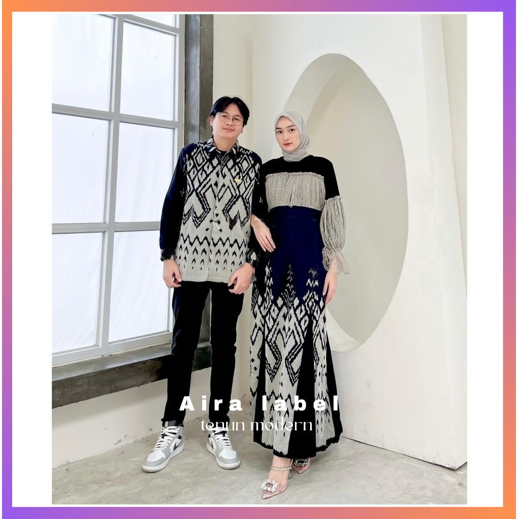 BAJU COUPLE KONDANGAN TENUN RAHAYU BLACK DRESS DAN KEMEJA Azzahra Tenun Ikat