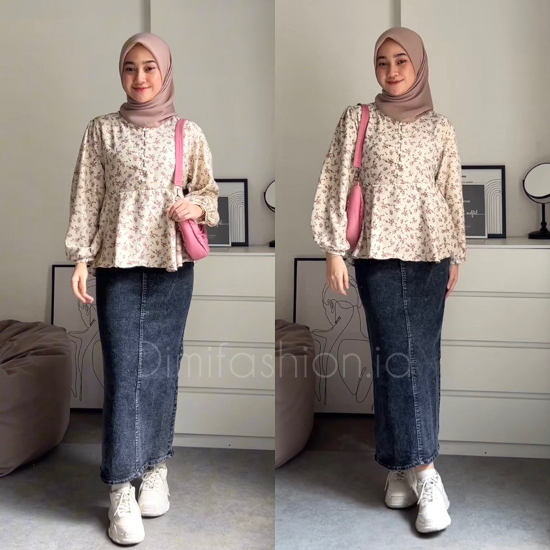 OOTD HIJAB SET LEBARAN OOTD REMAJA VELISHA ONE SET (blouse duyung + hijab square + rok jeans)