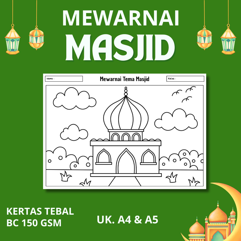 Mewarnai Masjid Untuk Anak TK PAUD SD Umur 2 3 4 5 6 Tahun Tema Masjid, Ramadhan, Kendaraan, Islam T