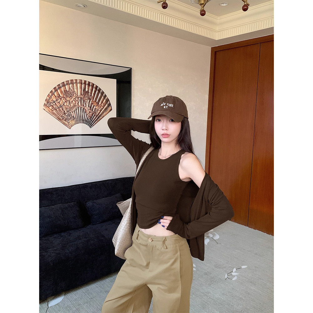 Mode Vogue Setelan Dua Potong Cardigan Tank Top Camisole Slim Fit yang Stylish