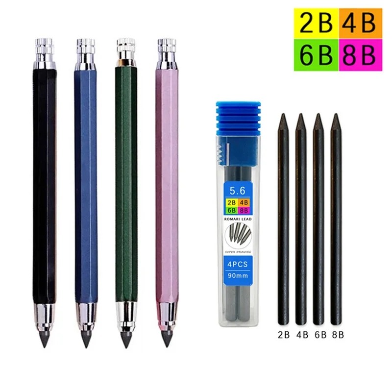 5.6mm Metal Drawing Pencil with 2B 4B 6B 8B Leads Set Professional Art Sket Meanical Pencil Kawaii S