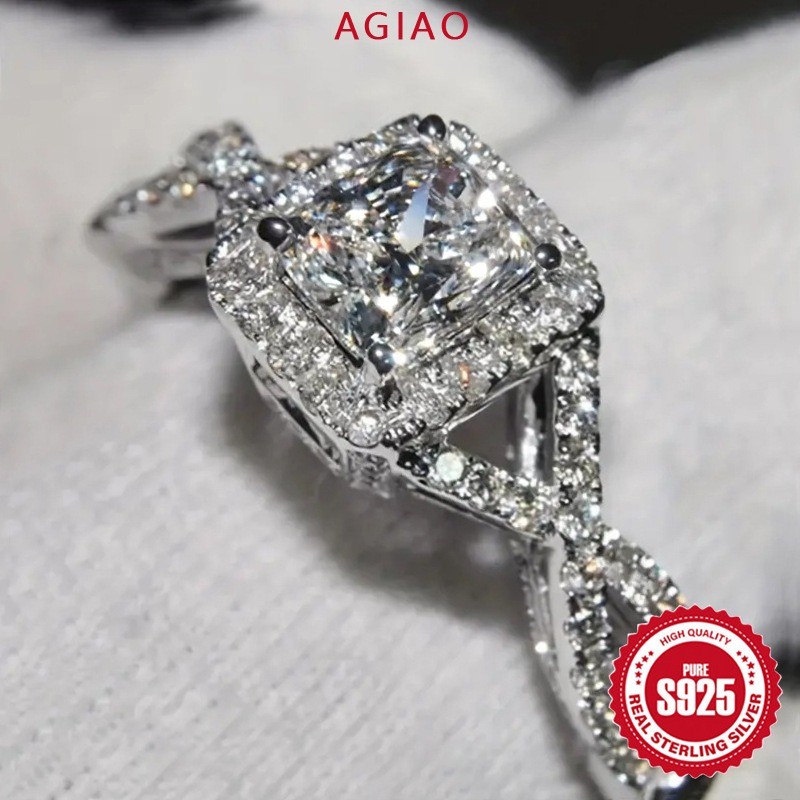 AGIAO Cincin Wanita Zirkon Fashion Lengan Putar Rantai Tas Persegi Lapis Emas Putih 925