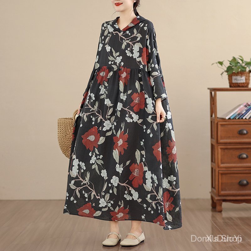 Vintage High-End Cloud Brocade Cotton-Linen Hooded Printed Dress