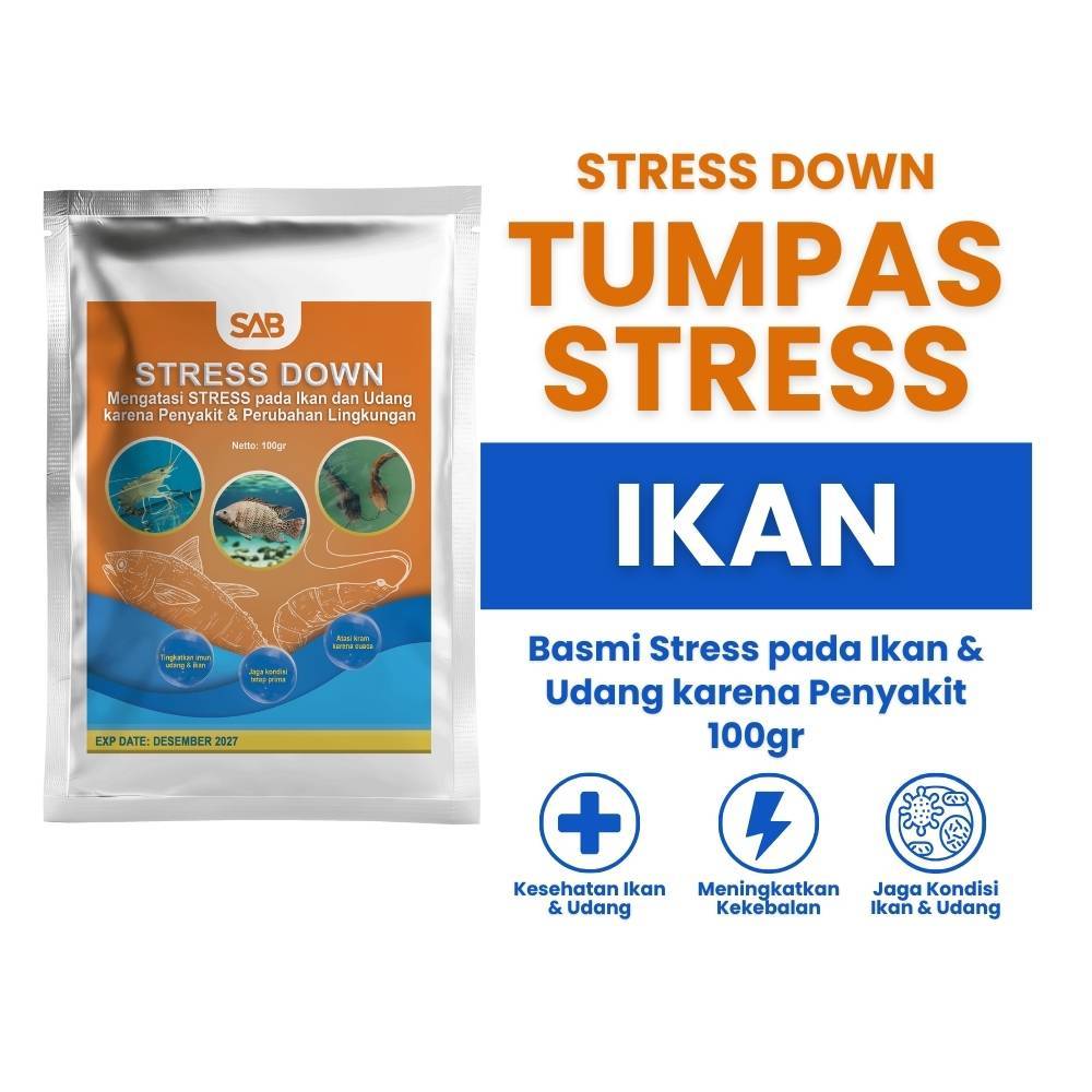 STRESS DOWN 100GR OBAT VITAMIN ANTI STRESS PENYAKIT PADA IKAN & UDANG YANG DIKARENAKAN PENYAKIT