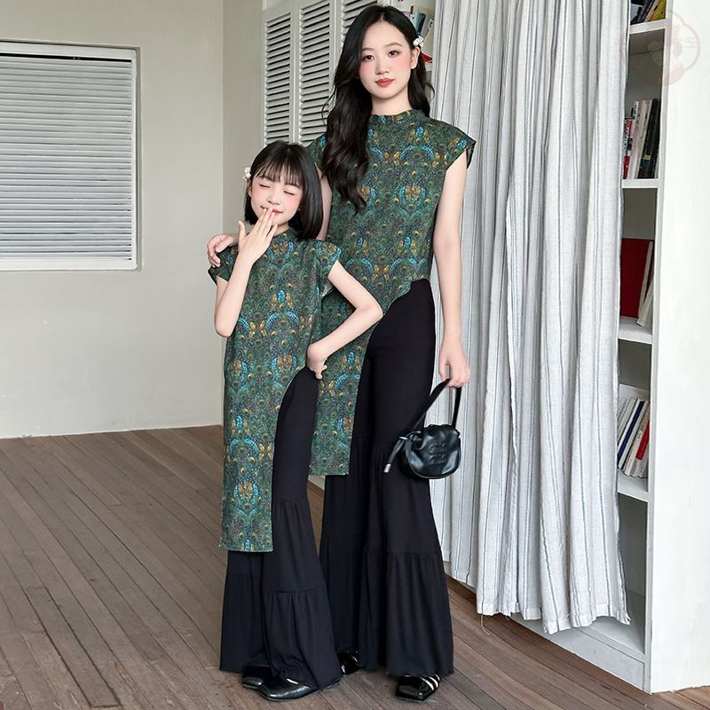 Set Hanfu anak Gaun Bendera Elegan dengan Tenun Kuno Gaya Tiongkok Klasik untuk Ibu dan Anak