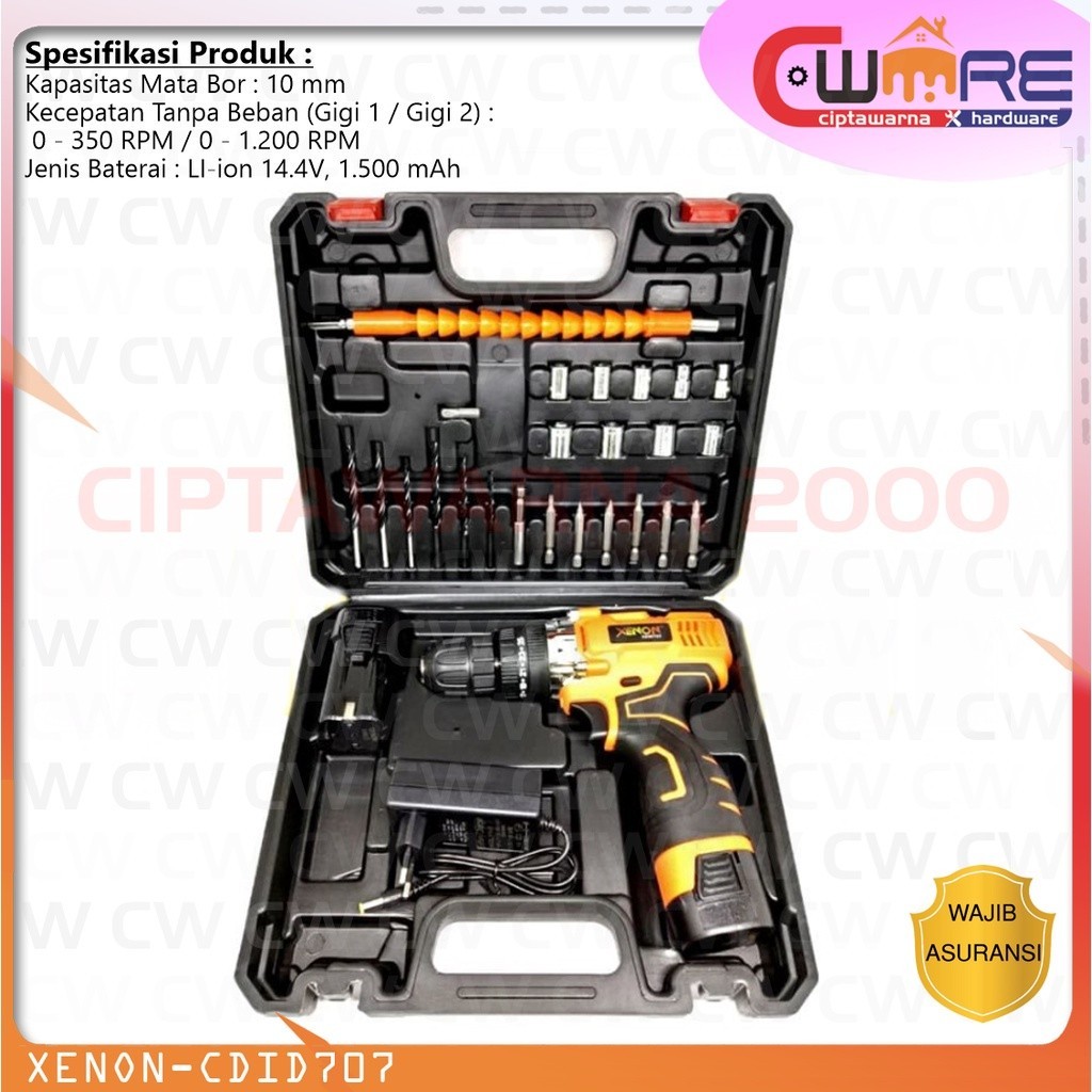 Bor Cordless Drill Elektrik Bor Listrik 14v 2 Baterai XENON CDD707 - CWK