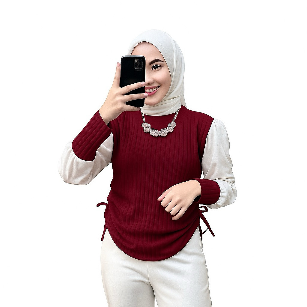 Blouse Puffy Shoulder TOP Kombinasi Serut Samping  Lengan Balon