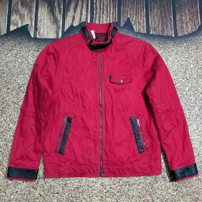work jaket pria merah ferrari PERRY ELLIS bahan kombinasi kulit bagus casual size L