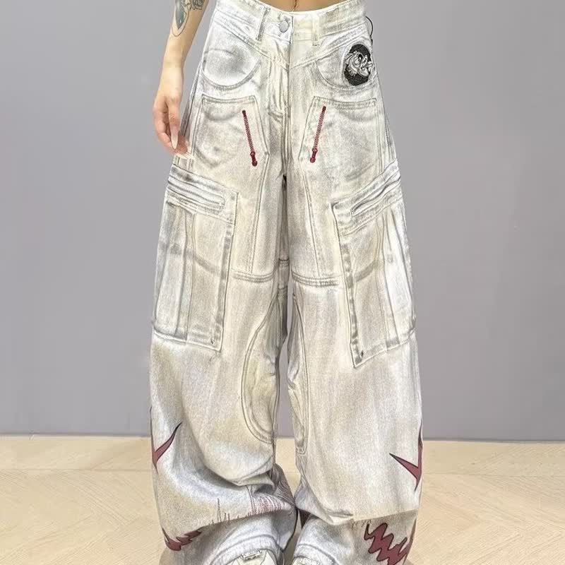 Crunchy Brulee Celana Jeans Retro Amerikaan Cat Lapuk Dipoles, Longgar Pinggir Lebar Panjang Sampai 