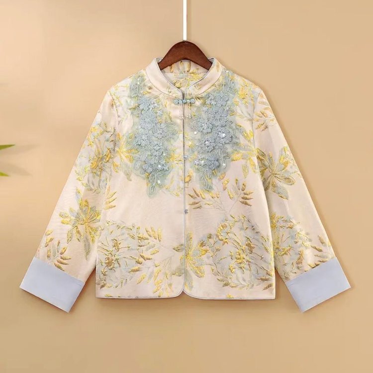 Jaket Cheongsam Brokat Jacquard Gaya Cina Baru Atasan Wanita