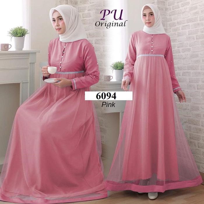 6094 Baju muslim wanita biru dongker navy dress polos with tulle 6159 - Navy