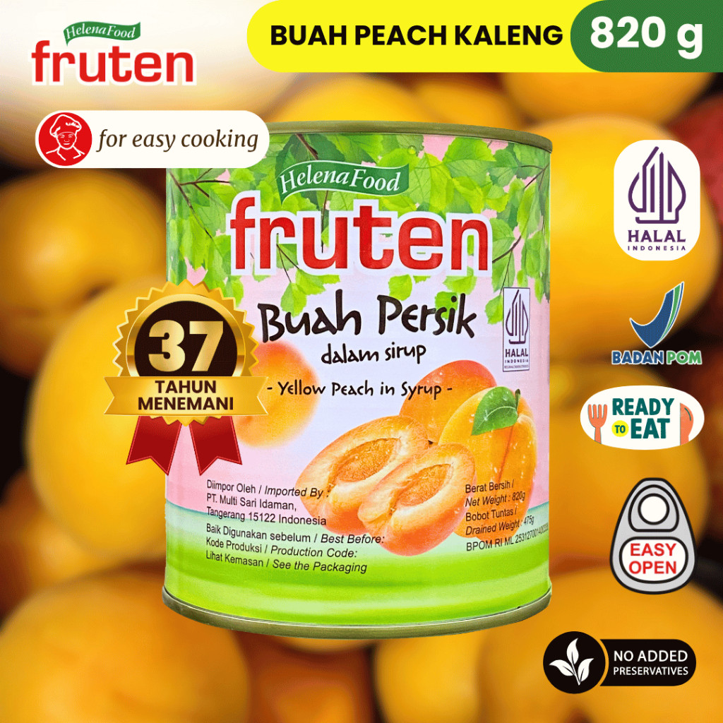 BUAH PEACH KALENG Fruten Buah peach kemasan kaleng/Yellow peach in Syrup/820 gr