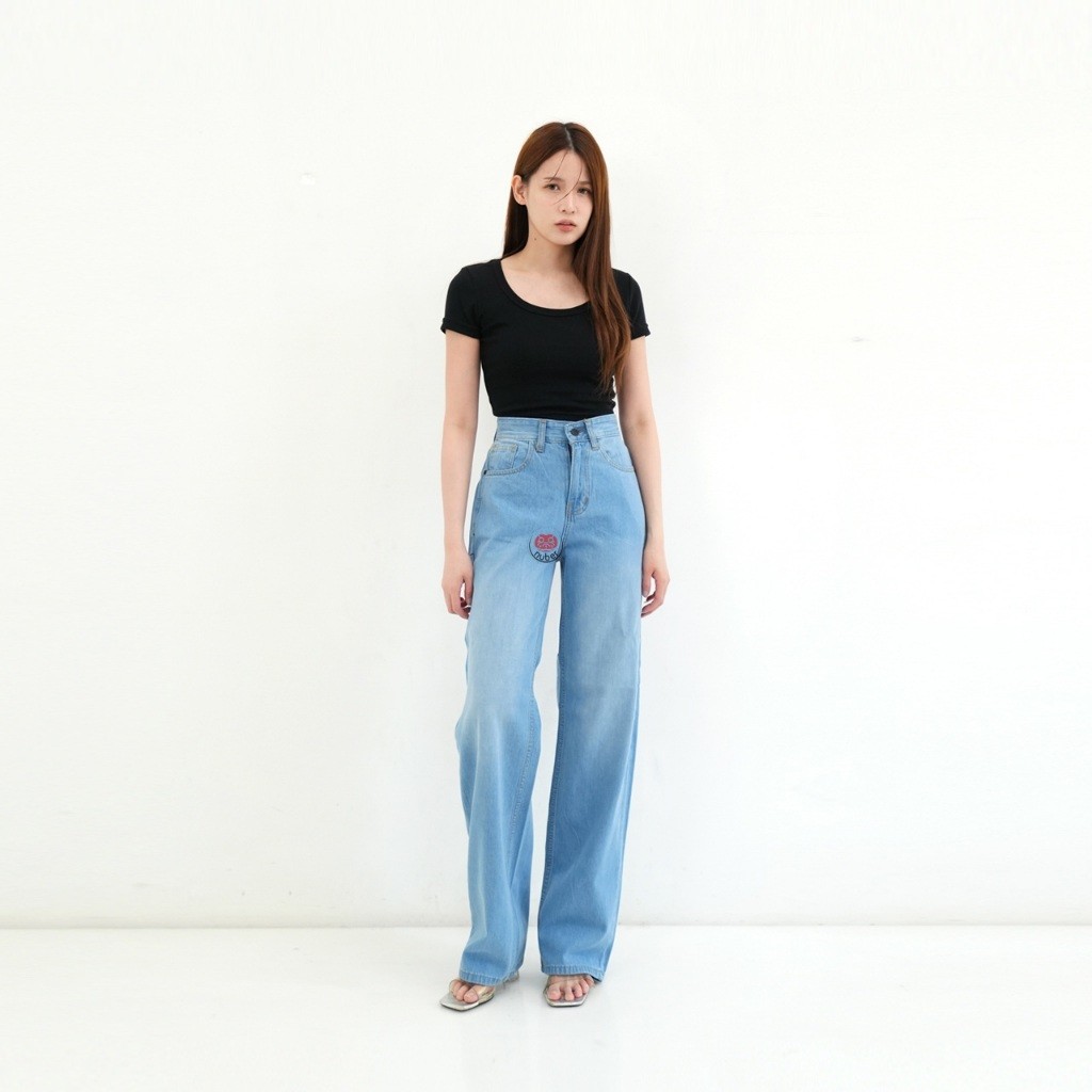 Loose High Waist Celana Panjang Jeans Wanita Blue Spray C17