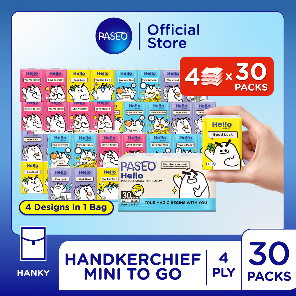 Paseo Hello Premium Facial Hanky Mini Tissue / Tisu Wajah To Go 4 ply 30 pack