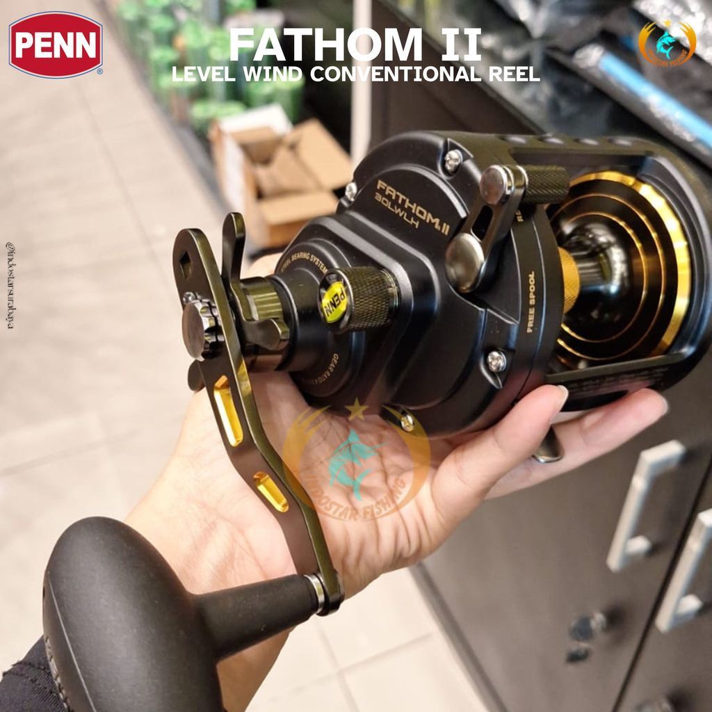 Indostar S Reel Conventional PENN Fathom II Level Wind Left Handle Kiri Black Gold Tanpa Line Counte