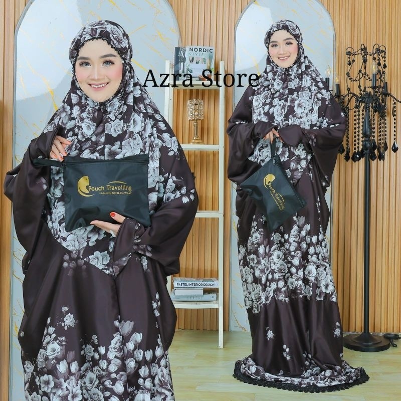 SETRAMALL    AZRA STORE _ Mukena Terusan Dewasa Putih Hitam Armani Sutra Silk Premium