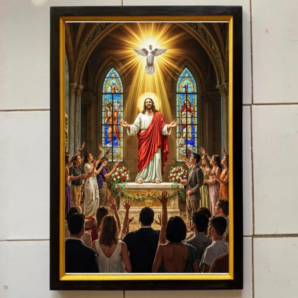 Hiasan dinding lukisan Cetak gambar Tuhan Yesus plus bingkai ukuran 65cmx45cm