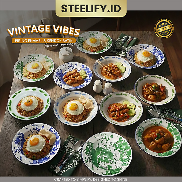 PAKET MURAH Set Piring Enamel Vintage + Sendok Batik | Peralatan Makan Enamel Estetik | Piring Email