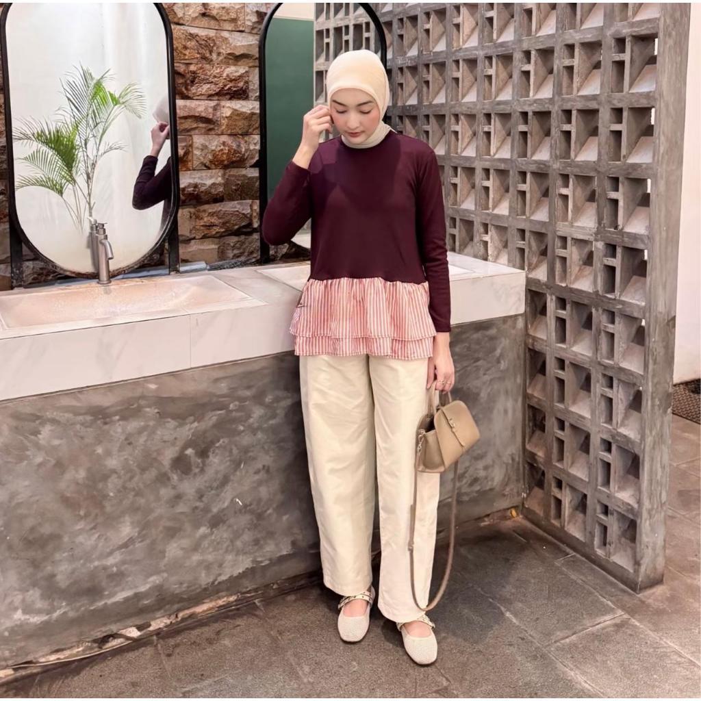 Weijia Fashion Baju Blus Wanita Kekinian / AMANDA Blouse Knit Combi Salur Wanita Ruffle / Blus Rempe