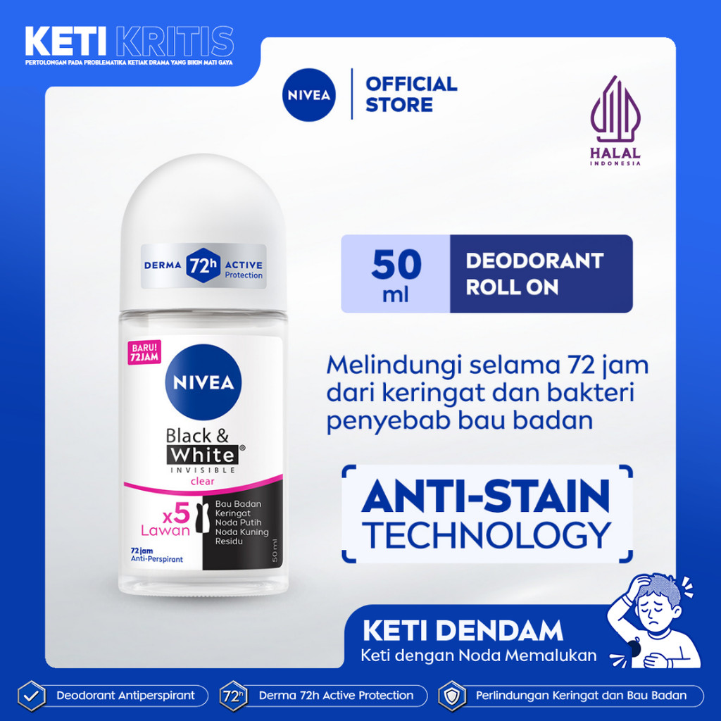 NIVEA Deodorant Roll On Black & White Invisible Original 50ml - Deodoran wanita melawan bau badan ta