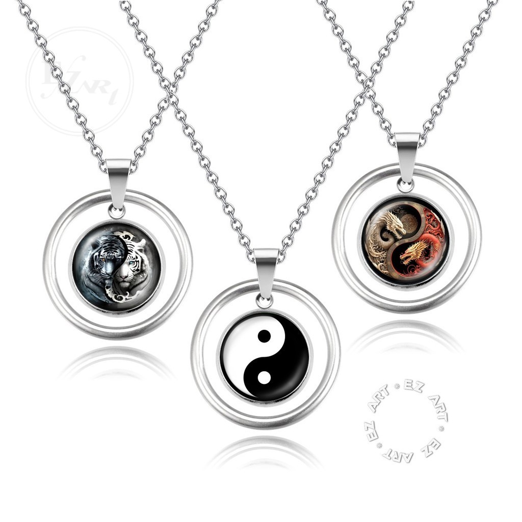 Kalung Liontin Yin Yang Model Gantungan Bulat Cincin Circle Melingkar Fashion Pria Wanita Bahan Kaca