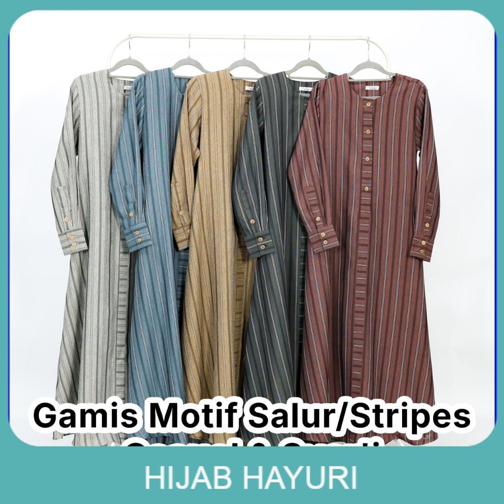 Hijab Hayuri Gamis Kajian Wanita Muslimah Izzati Syari Motif Salur Semi Wool Premium Kombinasi Warna