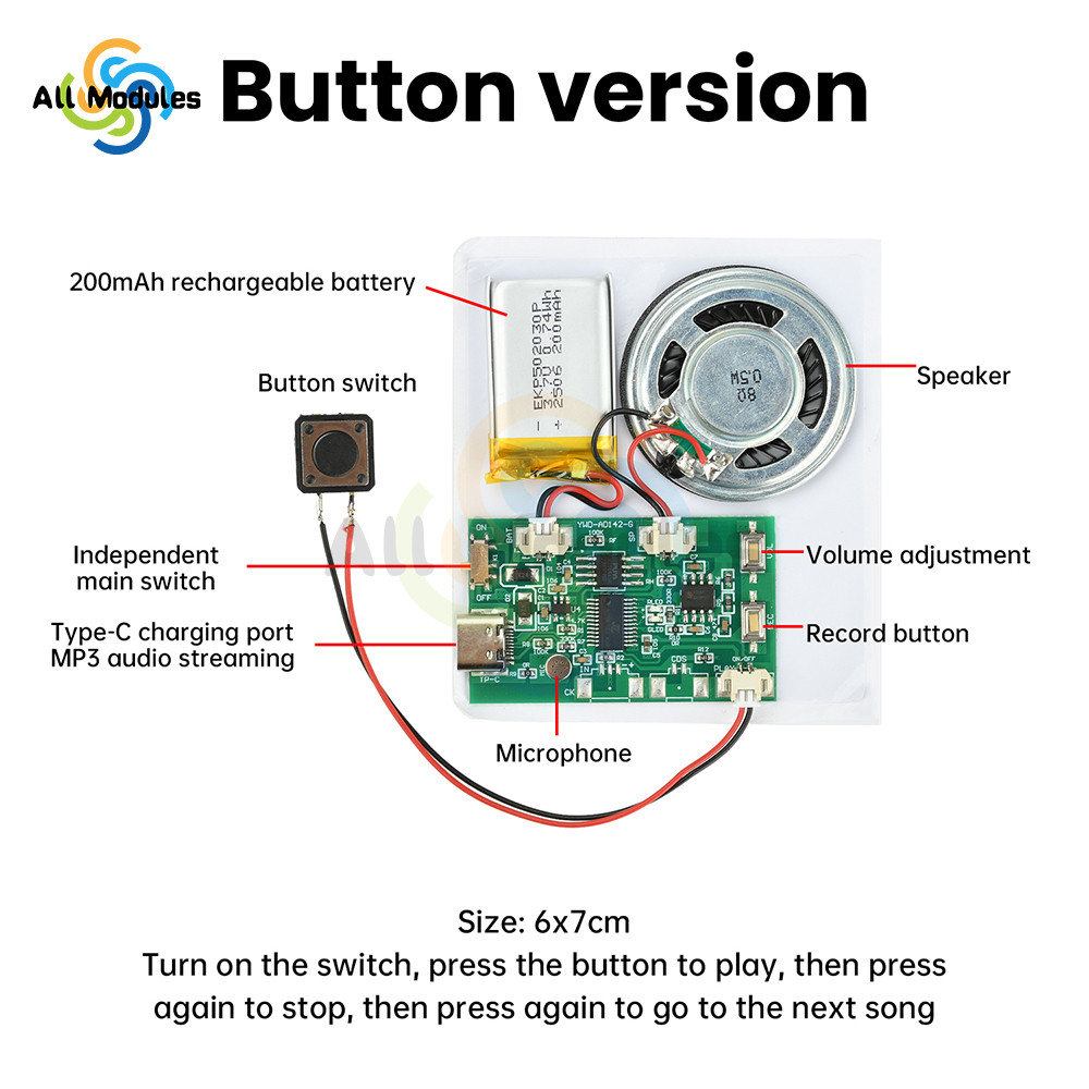 Modul perekaman dan pemutaran suara DIY 8M USB, Modul Chip Musik Kartu Ucapan yang Dapat Direkam unt