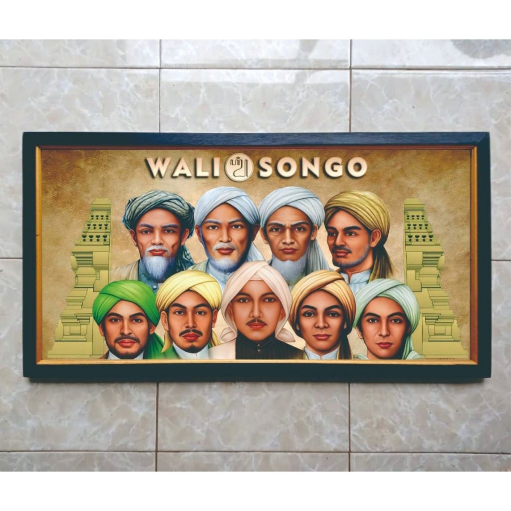 Hiasan Dinding cetak Gambar Wali Songo plus Bingkai Kayu